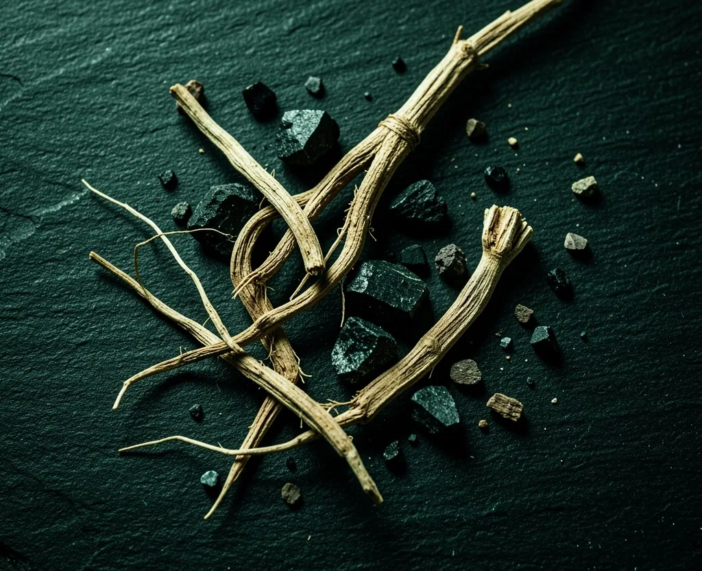 Dried botanical roots and mineral fragments on a dark surface