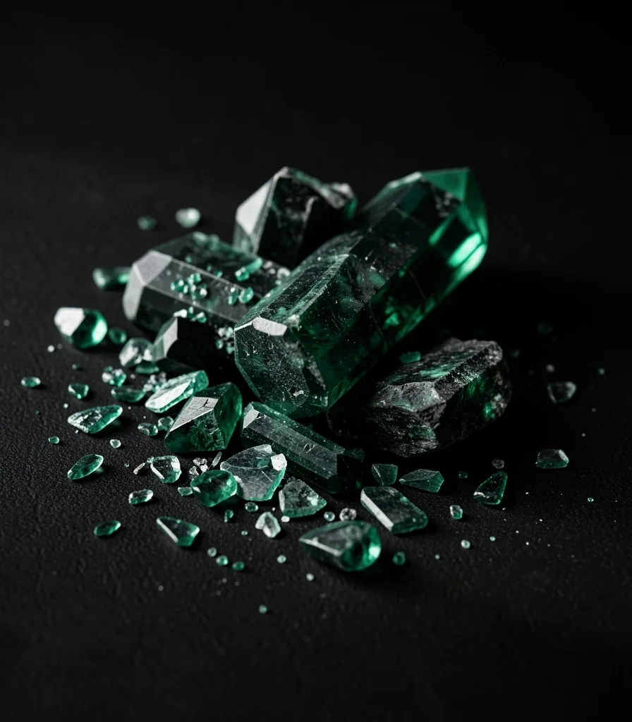 Dark mineral crystals and magnesium flakes on black surface