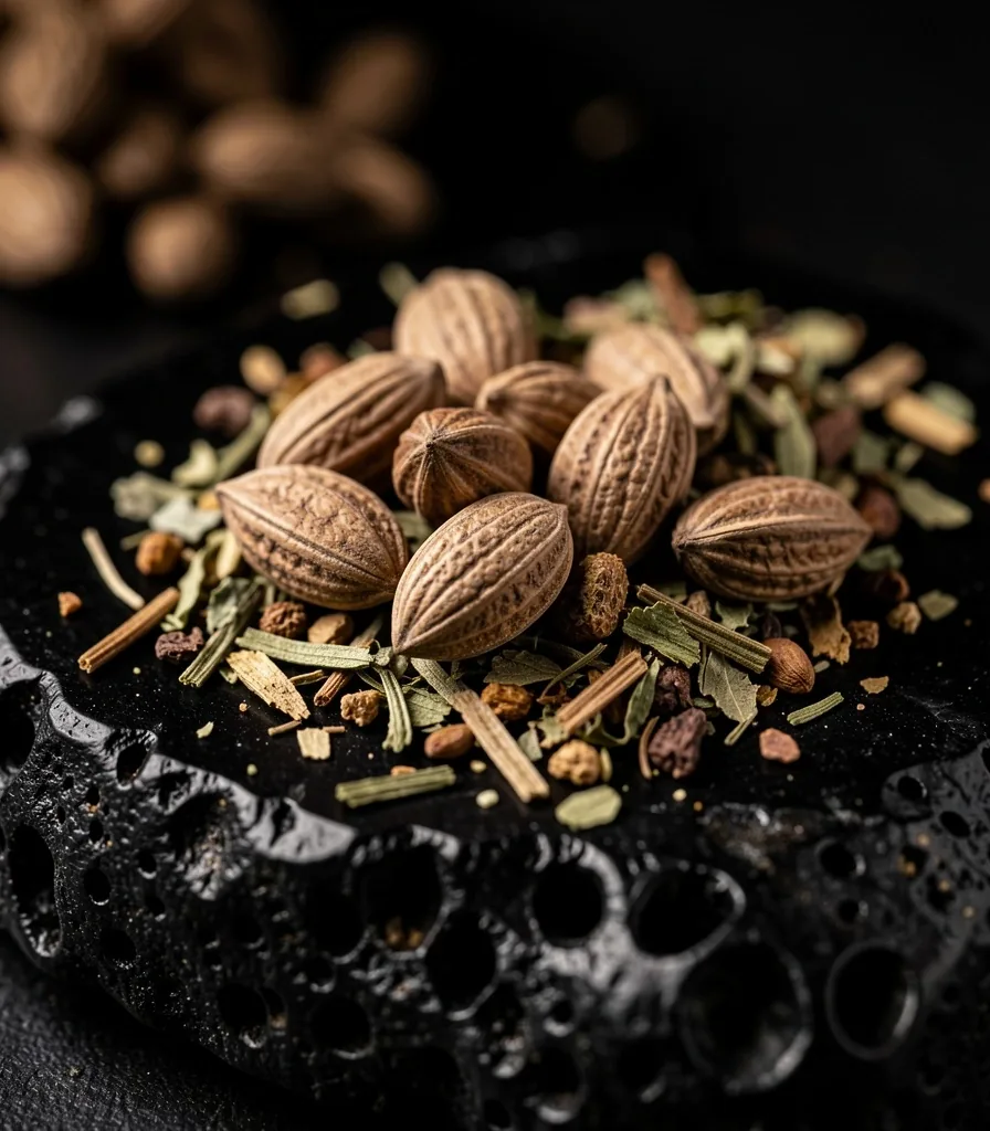 Dried herbal leaves and seeds on volcanic rock