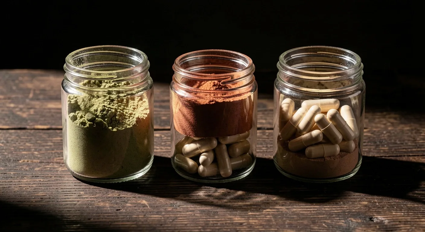 Natural supplement jars arranged on dark wooden shelf