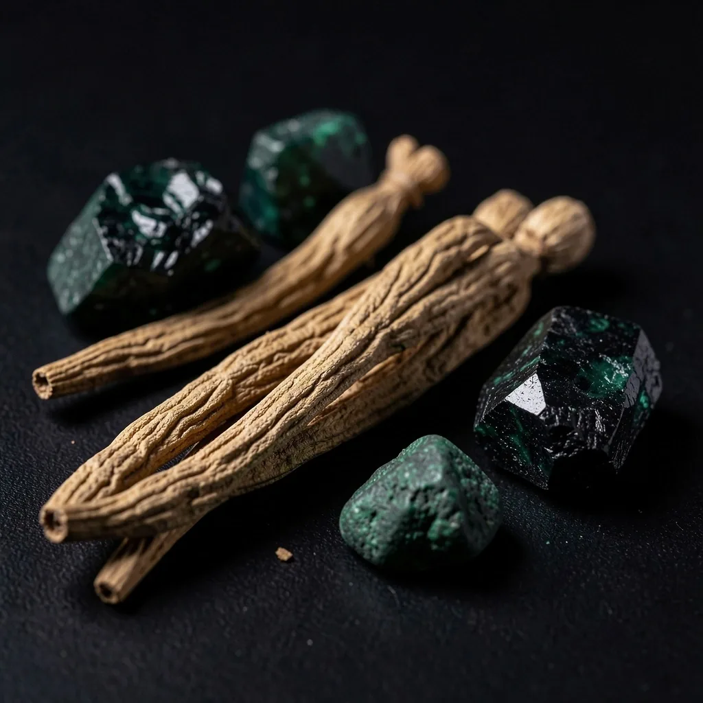 Mineral and botanical specimens on dark surface