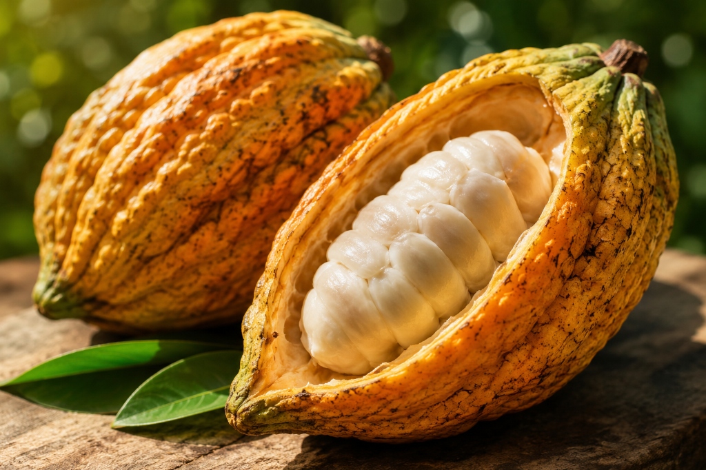 Pure botanical cocoa pod displaying unrefined herbal seeds